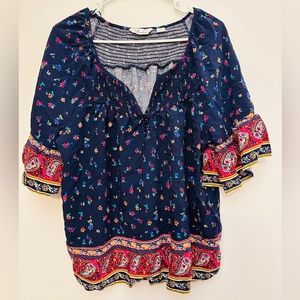 caffe marrakesh blue boho floral print top size XL